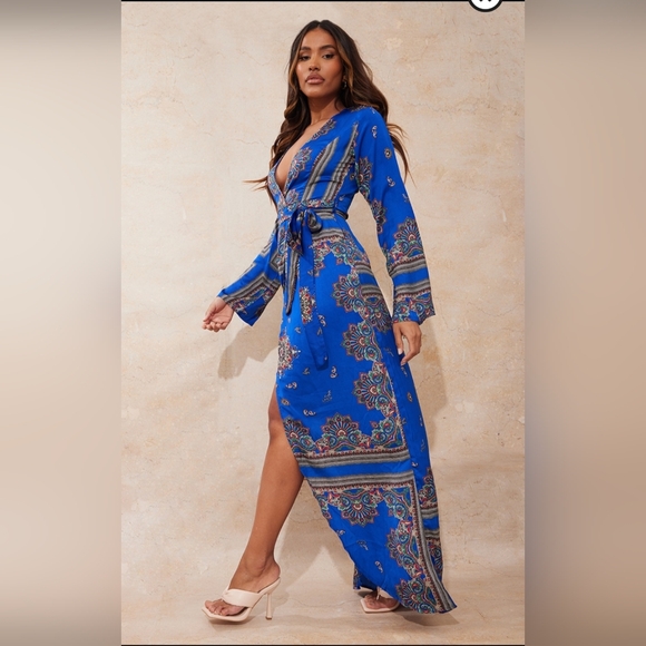 Cobalt Print Satin Kimono Maxi Dress - Picture 3 of 11